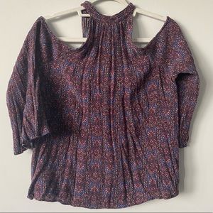 Flowy Floral High Neck W/ Shoulder Cut Out Blouse